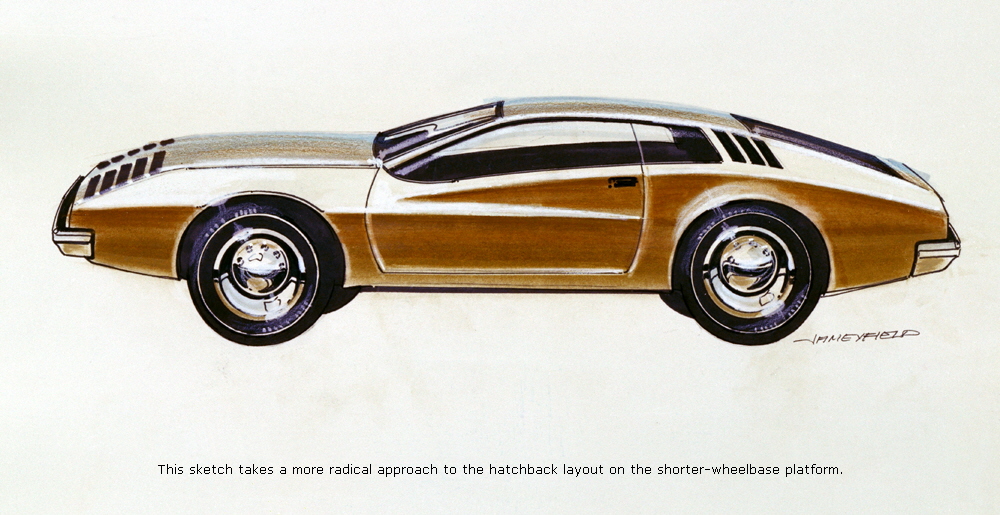 This sketch takes a more radical approach to the hatchback layout on the shorter-wheelbase platform.